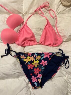 Pink Triangle Bikini Top with Navy Floral Tie-Side Bottoms